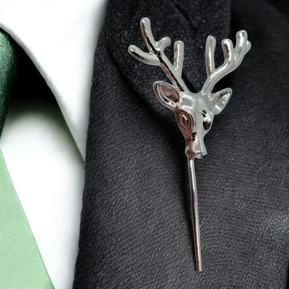 Silver Stag Head Deer Lapel Pin Elk Reindeer Stick Pin Gothic Woodland Accessory